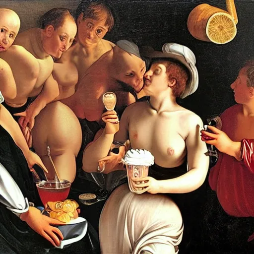 Image similar to my milkshake brings all the boys to the yard in the style of caravaggio