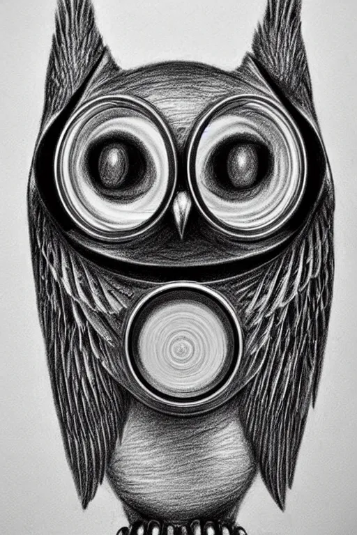 Image similar to detailed pencil drawing of an mechanical owl, she has metallic wings, and the left_eye!! is the lens of a camera!!