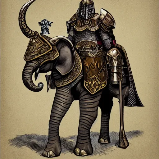 Prompt: armored knight wearing a tusked elephant helmet, dungeons and dragons illustration