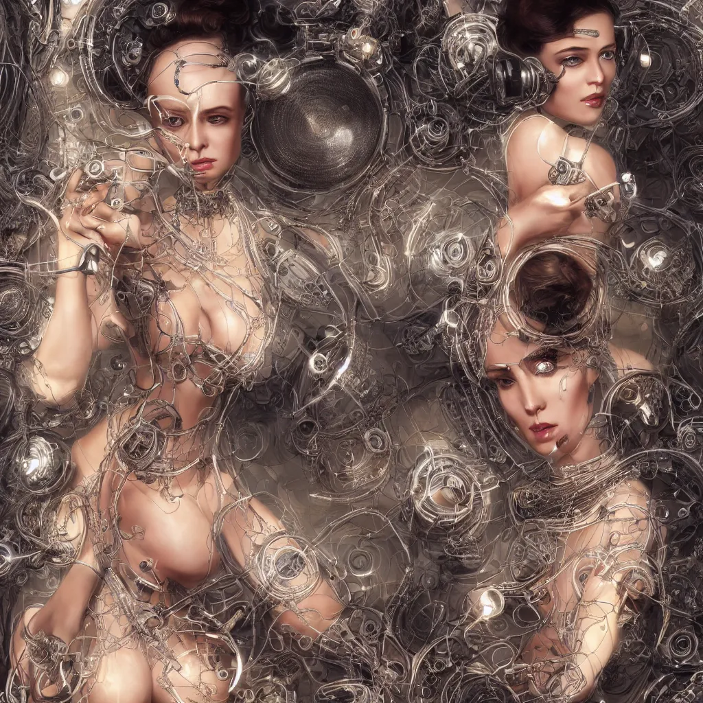 Image similar to very seductive woman integrating with technology, full face, insipiring, detailed intricate ornate cables connected to head, big open electric eyes, luxurious detailed abundent wiring and implants, diamonds, sci-fi, neon, emeralds, detailed technology full background, highly detailed, artstation, Rene Lalique and Eddie Mendoza and Gil Elvgren