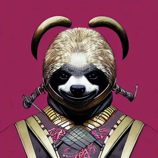 Image similar to graphic, hyperreal illustration of anthropomorphic sloth in traditional samurai armor : : digital art, concept art, character development : : illustrated by artgerm, yoji shinkawa, scott buoncristiano, nychos