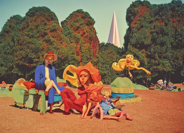 Image similar to dramatic color photo of dadcore occult wizards on vacation at pedroland park by basil wolverton by robert crumb by william eggleston by annie leibovitz, detailed and creepy, fujifilm velvia 5 0, color photography, sigma 2 8 mm