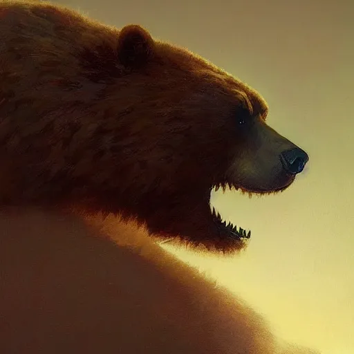 Image similar to 4k headshot portrait of werebear by Craig Mullins, ilya kuvshinov, krenz cushart, epic , artgerm trending on artstation by Edward Hopper and Dan Mumford and WLOP and Rutkovsky, beksinski carl spitzweg moebius and tuomas kocar, intricate artwork by caravaggio, Unreal Engine 5, Lumen, Nanite , intricate face , flawless anime cel animation by Kentaro Miura, psychedelic , highly detailed upper body , professionally post-processed , beautiful, scary, symmetry accurate features, epic, octane rendered, anime masterpiece, accurate