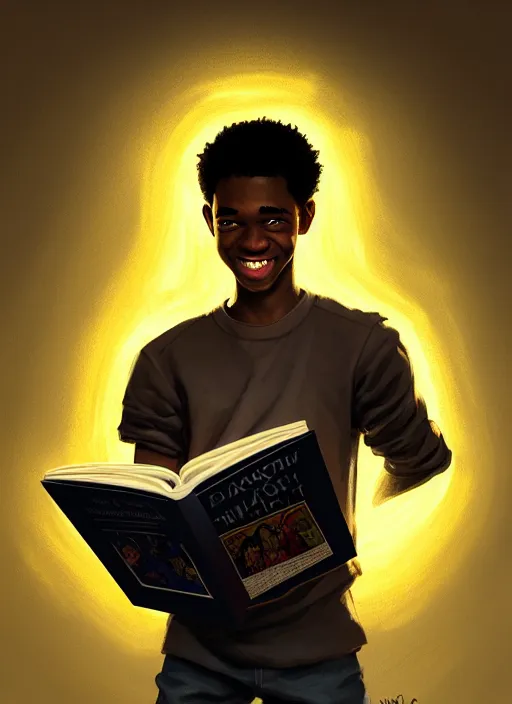 Image similar to portrait of teenage chuck clayton, black teenage boy, short curly hair, short hair square jaw, slight excited smile, reading a comic book, intricate, elegant, glowing lights, highly detailed, digital painting, artstation, concept art, smooth, sharp focus, illustration, art by wlop, mars ravelo and greg rutkowski