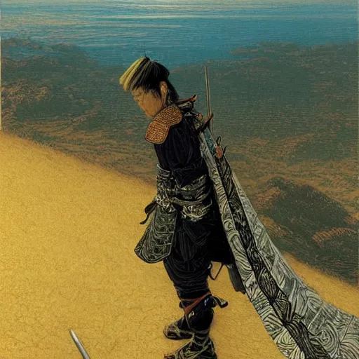 Image similar to a samurai looking into the horizon on a cliff, golden hour, dramatic lighting, fluid, smooth, bright, colours, high contrast, sharpness, very detailed, intricate, by donato giancola, gustave dore and junji ito