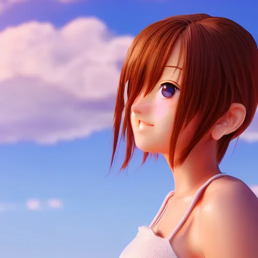 Image similar to render of a very beautiful 3d anime girl, long hair, hazel eyes, cute freckles, full round face, short smile, cute sundress, golden hour, serene beach setting, medium shot, mid-shot, highly detailed, trending on Artstation, Unreal Engine 4k