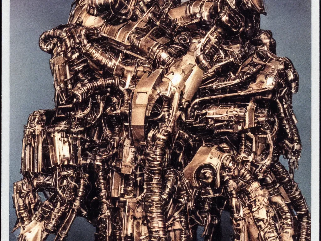 Prompt: autochrome of a 8 0 s polaroid flash photograph of a biomechanical armored creature looking at camera