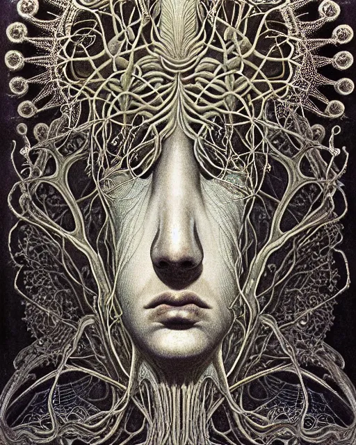 Image similar to realistic detailed underwater face portrait of the beautiful young god of the fish of the fractal waters with an intricate headgear of corals, sea kelp, sea plants, fish, starfish, jellyfish, art by ernst haeckel, zdzisław beksinski, hieronymus bosch, gothic, neo - gothic, ornamental, beautiful deep colours,