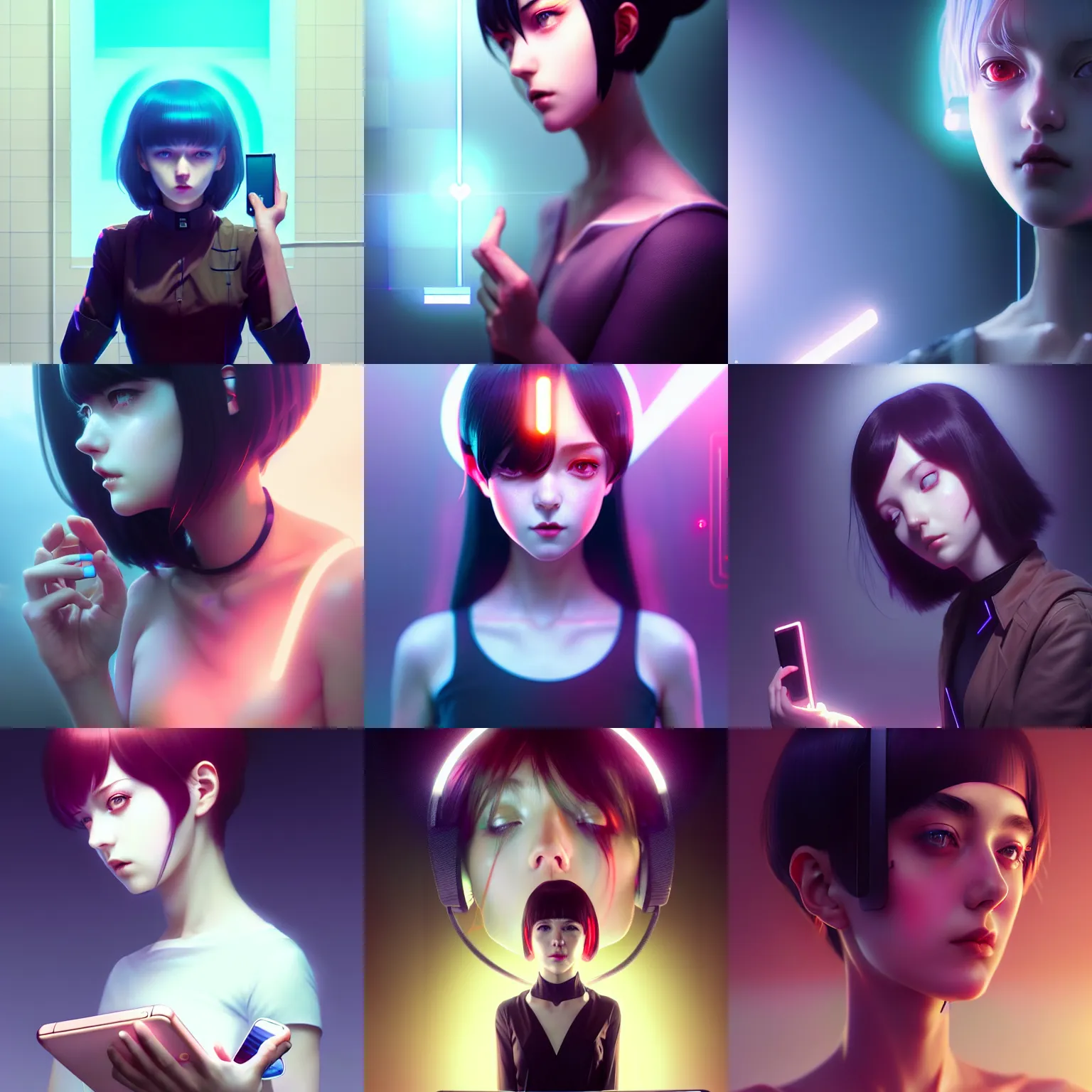 Prompt: electronic girl trapped in a smartphone screen, by tom bagshaw and ilya kuvshinov, rtx rendering, octane render 1 2 8 k, maya, extreme high intricate details by wlop, digital anime art by ross tran, medium shot, composition by sana takeda, dramatic lighting by greg rutkowski