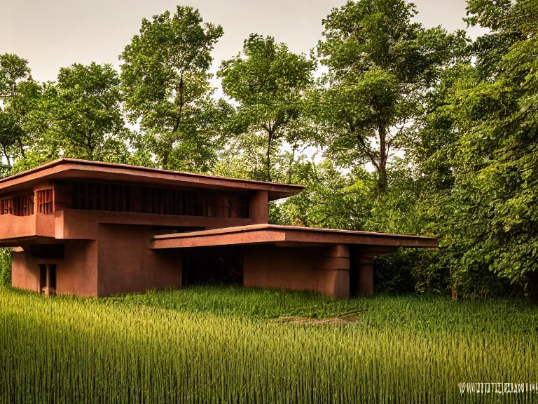 Image similar to hyperrealism design by frank lloyd wright and kenzo tange photography of beautiful detailed small house with many details in small detailed ukrainian village designed by taras shevchenko and wes anderson and caravaggio, wheat field behind the house, around the forest volumetric natural light