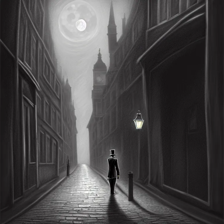 Image similar to jack the ripper lurking in a dark alleyway, holding a knife, one point perspective, full moon, foggy night, black alley cat, cobblestone road, stone arch, big ben, digital painting, hyperrealistic, macabre, spooky, trending on artstation