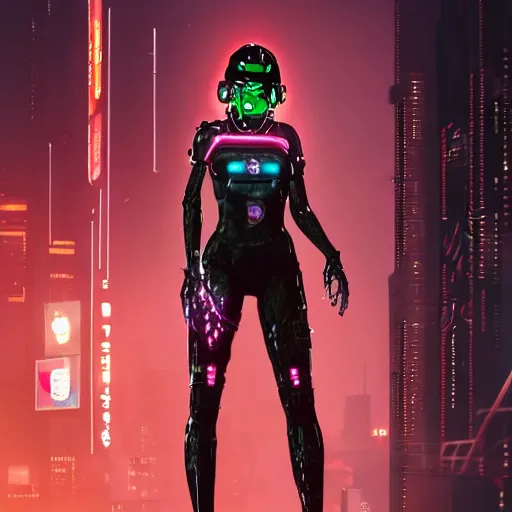 Image similar to An epic comic hyperrealistic full body shot portrait oil painting of a cyber warrrior girl wearing futuristic wardrobe, black and reddis, ultradetailed face expression trending on artstation and artbreeder, cyberpunk 2077 color, heavy rainning at tokyo night, neon light rooftop, unreal 5, DAZ, 8k, unreal 5 engine render, cosplay, RPG portrait, final fantasy Vll world concept, dramatic lighting, rim lights, PS5 render quality