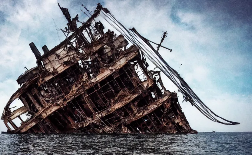 Image similar to “Pirate ship wreck falling from the sky, 4k, cinematic, award winning”