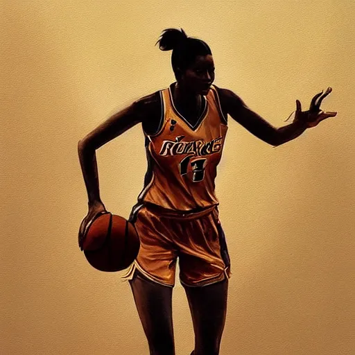 Image similar to painting of an woman basketball player, greg rutkowski, cg worker artstation