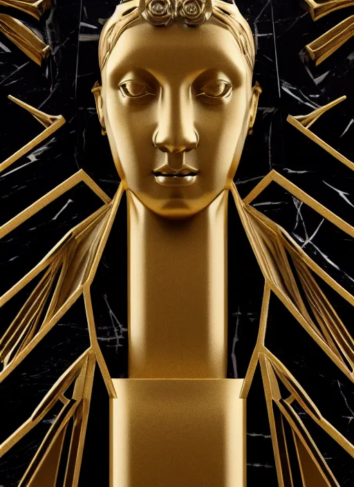 Image similar to stylized onyx black gold lines ornate statue full body made of marble of judas, perfect symmetrical body, perfect symmetrical face, hyper realistic, hyper detailed, by johannen voss, by michelangelo, octane render, blender, 8 k, displayed in bright studio room art deco