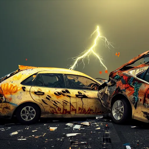 Image similar to two car wrecks on top of eachother, rusty, with graffiti of sun flowers on them, torn, war, realistic photo, octane render, cinematic lightning, 8 k, volumetric illumination