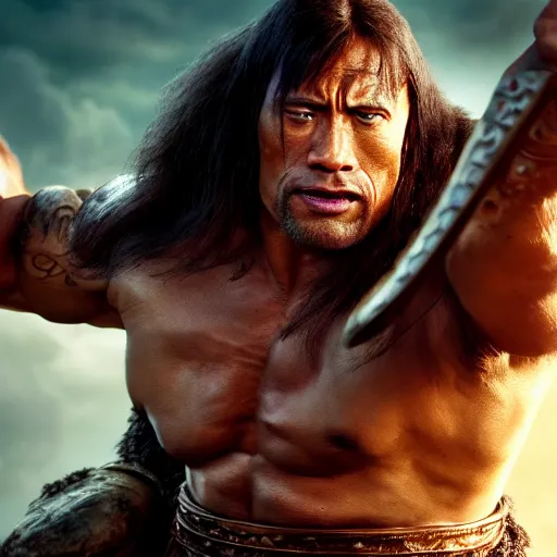 Image similar to Dwayne Johnson as Conan the Barbarian, 4k, artstation, cgsociety, award-winning, masterpiece, stunning, beautiful, glorious, powerful, fantasy art