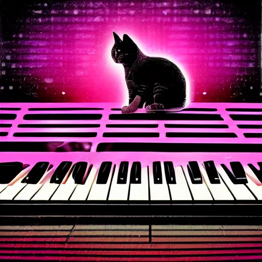 Image similar to cat playing piano synthwave digital art