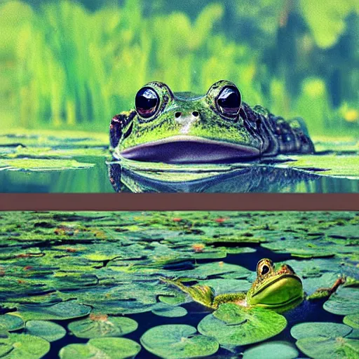 Image similar to sticker!!! with close - up of a smiling frog in the pond with water lilies, medieval castle on background, shallow depth of field, highly detailed, ominous, digital art, masterpiece, matte painting, sharp focus, matte painting, by isaac levitan, monet, asher brown durand,