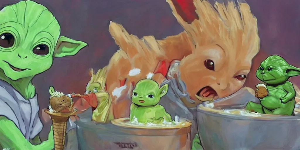 Image similar to Groot and baby Yoda eating an ice cream while watching Pikachu dance, very detailed picture, very detailed and beautiful lighting