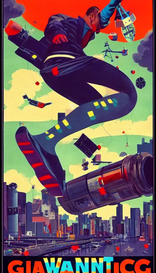 Image similar to giant washing machine attacking city, flying socks, 1 9 6 0 s science fiction poster, atompunk, behance, trending on artstation