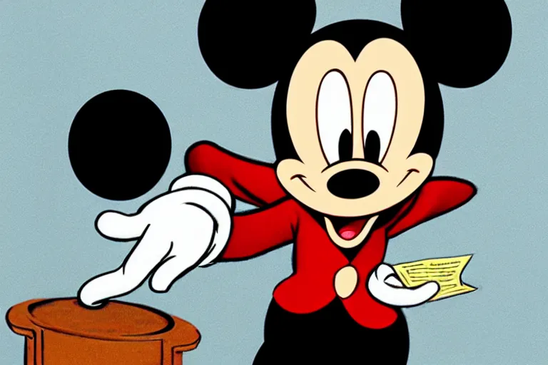 Prompt: courtroom sketch of vintage disney character mickey mouse presenting evidence of copyright infringement to the judge