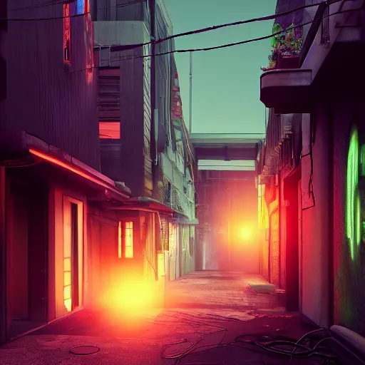 Image similar to ultradetailed 8 k hd octane render of a cyberpunk alleyway at sunset