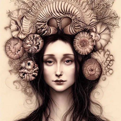 Image similar to facial portrait of a young pretty woman in flowing dress, arrogant, mysterious, long fine flowing hair, delicate, looking at camera, slightly awkward smile, realistic face, hands behind back, stylish, elegant, grimdark fantasy, flowers, extremely detailed painting inspired by Gerald Brom and Ernst Haeckel and Kaluta