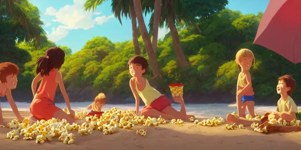 Prompt: a wholesome animation key shot of kids eating popcorn at a tropical beach, medium shot, waist up, studio Ghibli, Pixar and Disney animation, sharp, very detailed, high resolution, Rendered in Unreal Engine 5, anime key art by Greg Rutkowski, Bloom, dramatic lighting