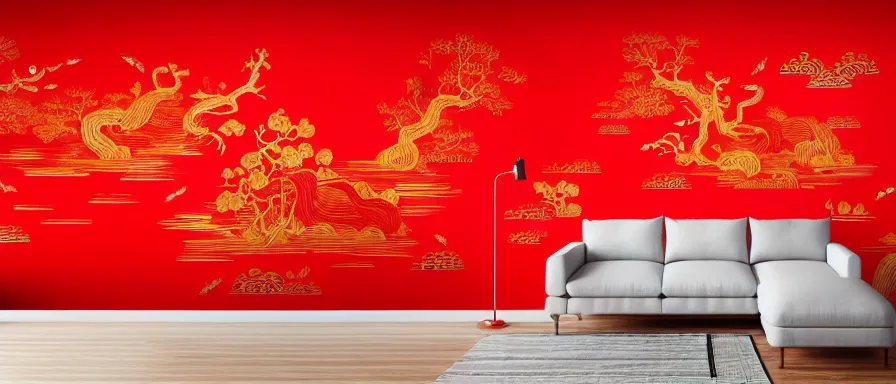 Prompt: a beautiful 4 k hd red wall paper illustration of roasted string hotpot, red wallpaper design, simple style, kebab hotpot style, commercial kebab hotpot wallpaper display, wall painting, from china, simple structure, surrealistic, chinese style, victo ngai, james jean, denoise, deblurring