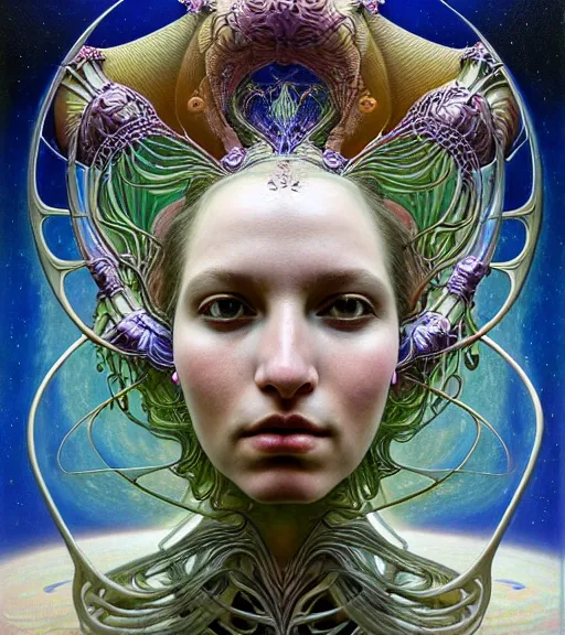 Prompt: detailed!!!!! realistic beautiful young groovypunk queen of andromeda galaxy in full regal attire. face portrait. art nouveau, symbolist, visionary, baroque, giant fractal details. horizontal symmetry by zdzisław beksinski, iris van herpen, raymond swanland and alphonse mucha. highly detailed, hyper - real, beautiful