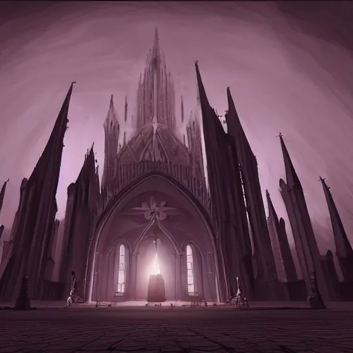 Prompt: 2d illustration of cathedral, video game, dark vibe