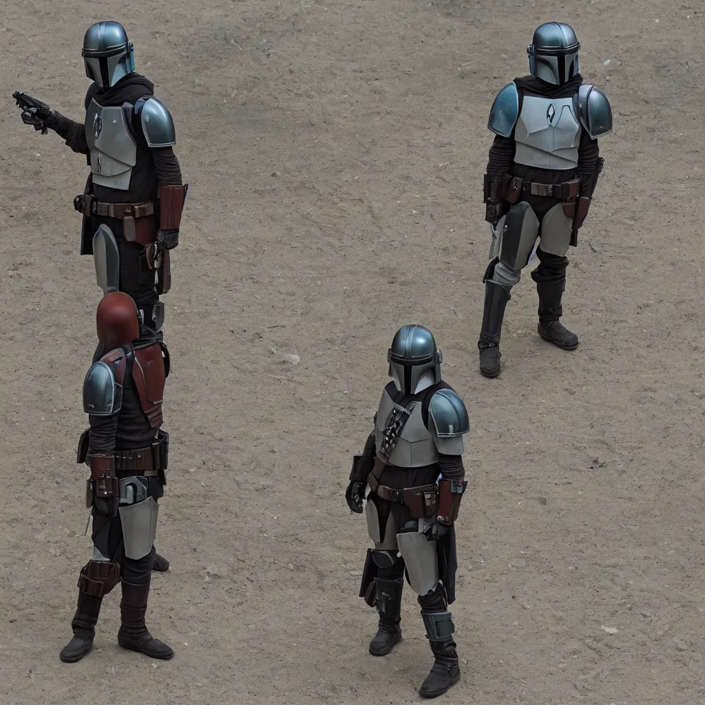 Image similar to lone mandalorian in thinking pose