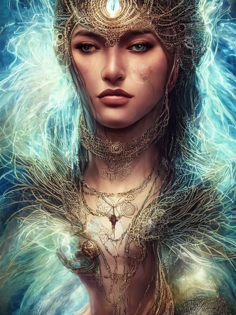 Image similar to a centered render of a single alluring mystical tribal goddess adorned with feathers and gemstones and cables and synthesizer parts is surrounded by sacred geometry made from elven architecture, full body, gorgeous, perfect face, powerful, cinematic, beautifully lit, by artgerm, by karol bak, 3 d, trending on artstation, octane render, 8 k