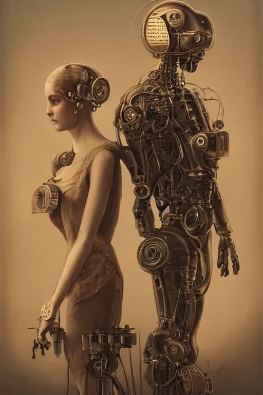 Prompt: a beautiful ultradetailed vintage photo of two cyborgs facing away from each other, by tom bagshaw and anna dittman, couples portrait, vignette, 35mm lens, golden ratio composition, detailed faces, studio photography, very detailed, humanoids, industrial robots, artstation, 8k, highly coherent