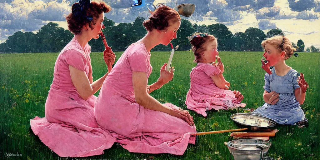 Prompt: a painting, style of norman rockwell, one mother and her one very young daughter, in long pink or violet dresses, with clothes on, smoking a bowl of hash together, from a huge red glass bong, sitting in a field of cannabis, with dark clouds in the sky