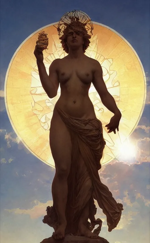 Prompt: statue of the goddess of the sun helios with four arms descending from olympus, artstation, concept art, smooth, sharp focus, illustration, art by artgerm and greg rutkowski and alphonse mucha and william adolphe bouguereau and john william waterhouse