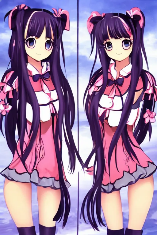 Image similar to two beautiful female idols with twin tails standing chest to chest, detailed anime art