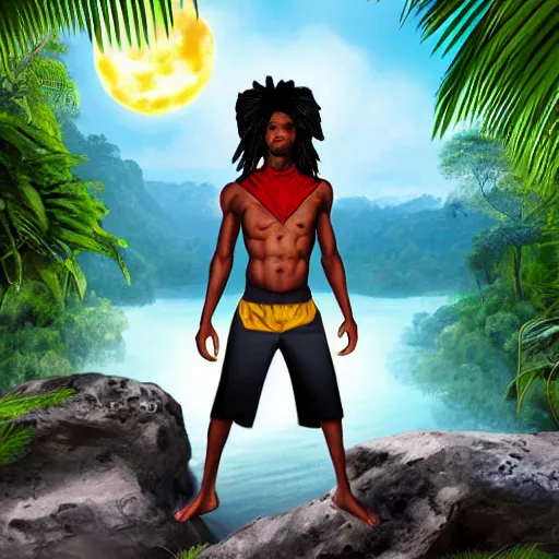 Image similar to black young man, one legged, fit, with red hood, yellow eyes, smoking a pipe, rastafari hair, red shorts, bare foot, Amazon rainforest background, crescent moon, river, art by artgerm, photo realistic, magical aura, cool pose