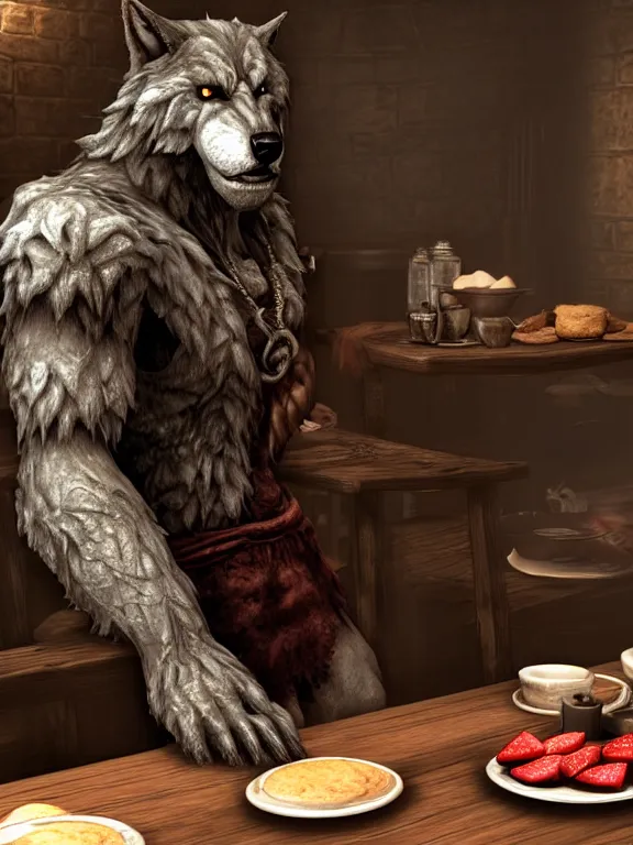 Prompt: cute handsome cuddly burly surly relaxed calm timid werewolf from van helsing sitting down at the breakfast table in the kitchen of a normal suburban home having fun baking strawberry tart cakes unreal engine hyperreallistic render 8k character concept art masterpiece screenshot from the video game the Elder Scrolls V: Skyrim