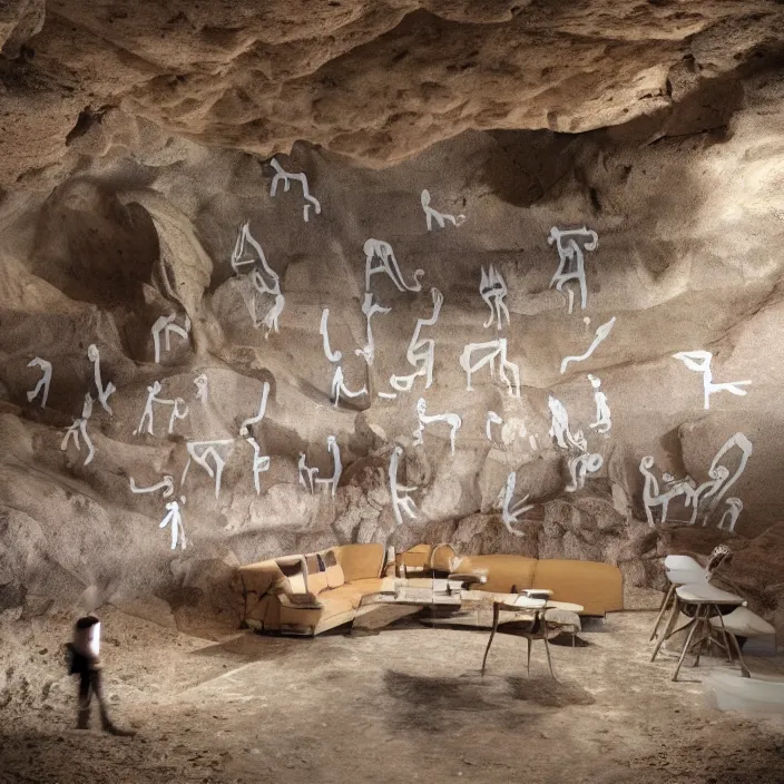 Image similar to hyperrealistic photo of a coworking space in a cave with cave drawings on it, hd