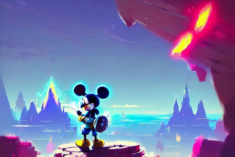 Image similar to concept art, adventurer mickey mouse standing in breath of the wild glowing crystal ore mines. anime styled. bright blue and cyan sky. hyper kawaii cute. by greg rutkowski, in the style of a grand adventure, extremely artistic