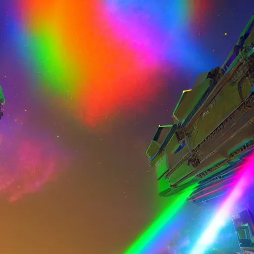 Prompt: rainbow lasers converging into a distant point in space, perspective, hyperrealistic, volumetric lighting, featured on artstation, highly detailed, 8 k