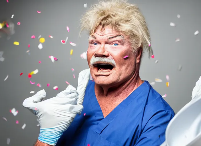Image similar to photo still of rip taylor in patient surgery room!!!!!!!! at age 5 4 years old 5 4 years of age!!!!!!! throwing confetti from a bucket, 8 k, 8 5 mm f 1. 8, studio lighting, rim light, right side key light
