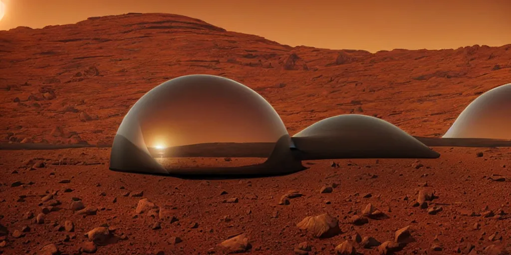 Prompt: a strange huge transparent pvc inflated organic architecture building black matte by jonathan de pas sits in the planet mars landscape, golden hour, film still from the movie directed by denis villeneuve with art direction by zdzisław beksinski, close up, telephoto lens, shallow depth of field