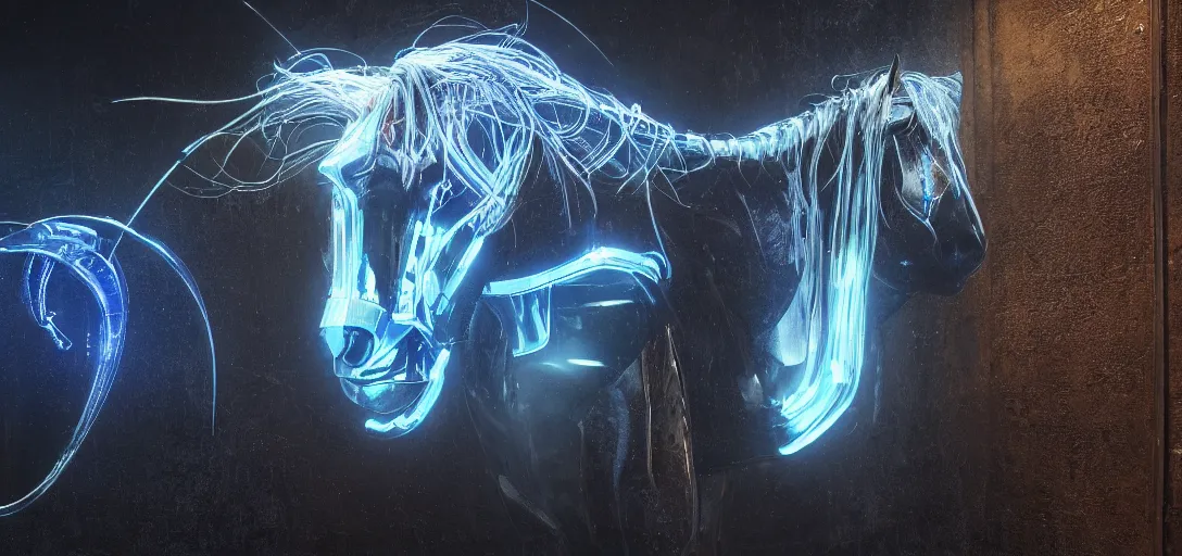 Image similar to perfect horse by David Manzur, photographic reality, hyperreal , complete scene, ornate, details, smooth, sharp focus, illustration, realistic, cinematic, artstation, award winning, rgb, ethereal blue lighting, cyberpunk look, biomechanical mask. bio luminescent biomechanical, halo, jellyfish. , unreal engine, octane render, cinematic light, iridescent details, iridescent colors, dichroic, macro, depth of field, blur, 8K,