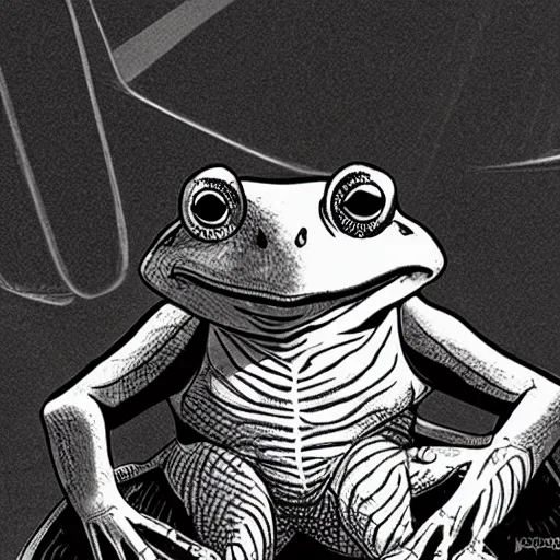 Image similar to a frog in the dr strange universe, black and white except the frog, the frog is green