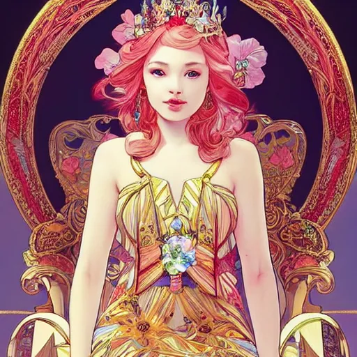 Prompt: A beautiful ice princess sitting on her throne, very colourful, highly detailed, artstation, intricate, smooth, sharp focus, bright, happy, illustration, art by Artgerm and Greg Rutkowski and Alphonse Mucha and Yuumei, good clear quality, lighting, biology, symmetrical artwork, perfect face, 135 mm, cinematic, hyper realism, glittering ice, dark, moonlight, high detail, octane render, 8k, crimson highlights