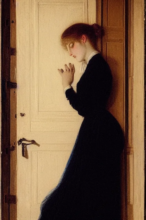 Image similar to girl under moonlight by auguste toulmouche, dark dreamy lighting, perfectly detailed eyes, beautiful hands, pale skin, blonde hair, leaning on door