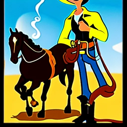 Prompt: lucky luke smoke a cigarette on a horse in a western country